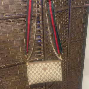 Gucci Beige and Brown Monogram Bag with Green and Red Strap
